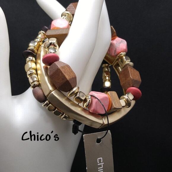 Chico's Gemstone Wood Three Bracelet Set, Stretch New With Tags - Picture 1 of 8